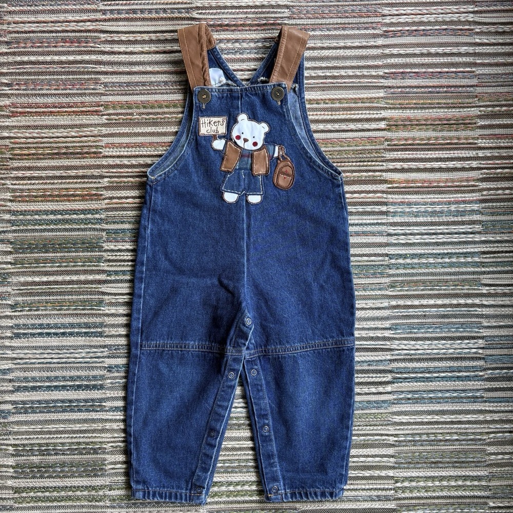 Vintage 90s Miniwear Denim Overalls Hikers Club Bear Faux Leather Straps 24M